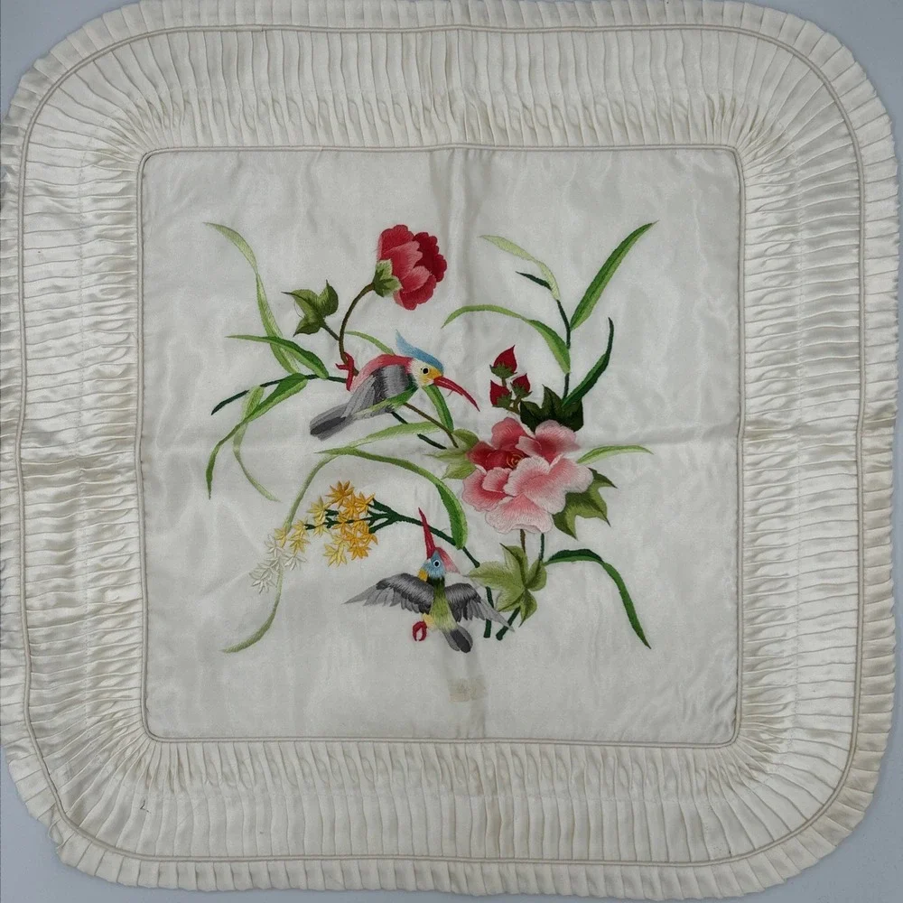 Vintage Chinese Silk Embroidered Needlework Bird & Floral Square Pillow Case 19